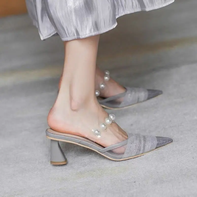 

Summer Slippers Women Genuine Leather Shoes for Women Pointed Toe Thin Heel Mules Elegant Pearl Sandals Women Cover Toe Slides