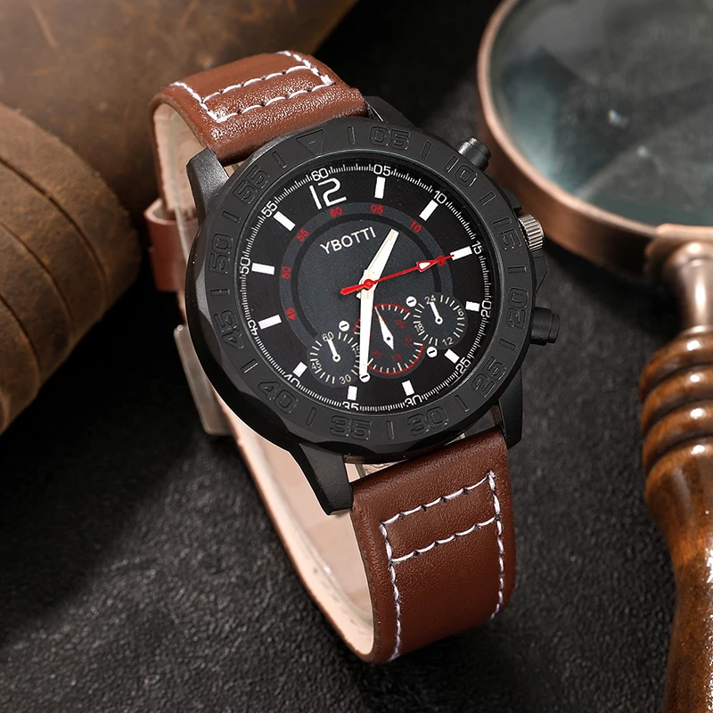 Luxury Men Watches Leather Strap Three Eyes Digital Dial Business Casual Quartz Watch Fashion Sports Man Clock Relogio Masculino 3