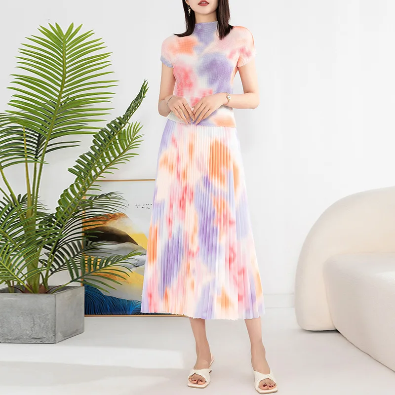 

Fashion temperament printed pleated suit women's summer new pleated top skirt two-piece set