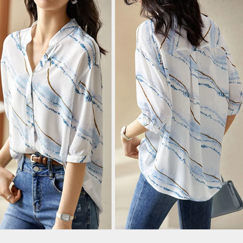 Fashion Women Blouses 2022 Spring Summer Clothes V-Neck Striped Printing 3/4 Sleeve Casual Loose Single Breasted Chiffon Shirt