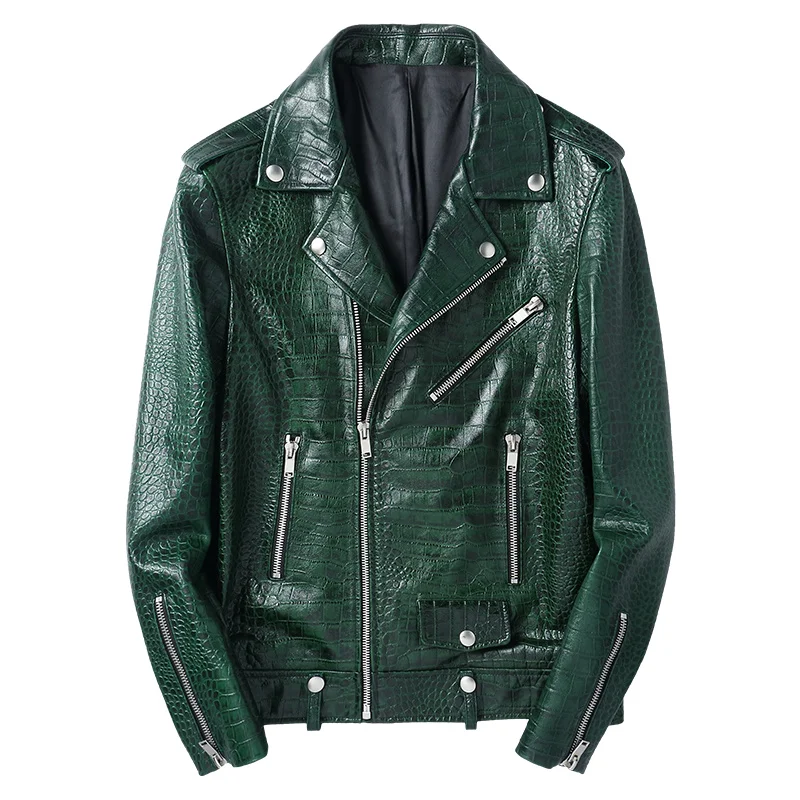 

Глянцевая мотоциклетная кожаная куртка, Мужская короткая куртка на Косой молнии, Новинка весна-осень, пальто из овчины с крокодиловым узором
