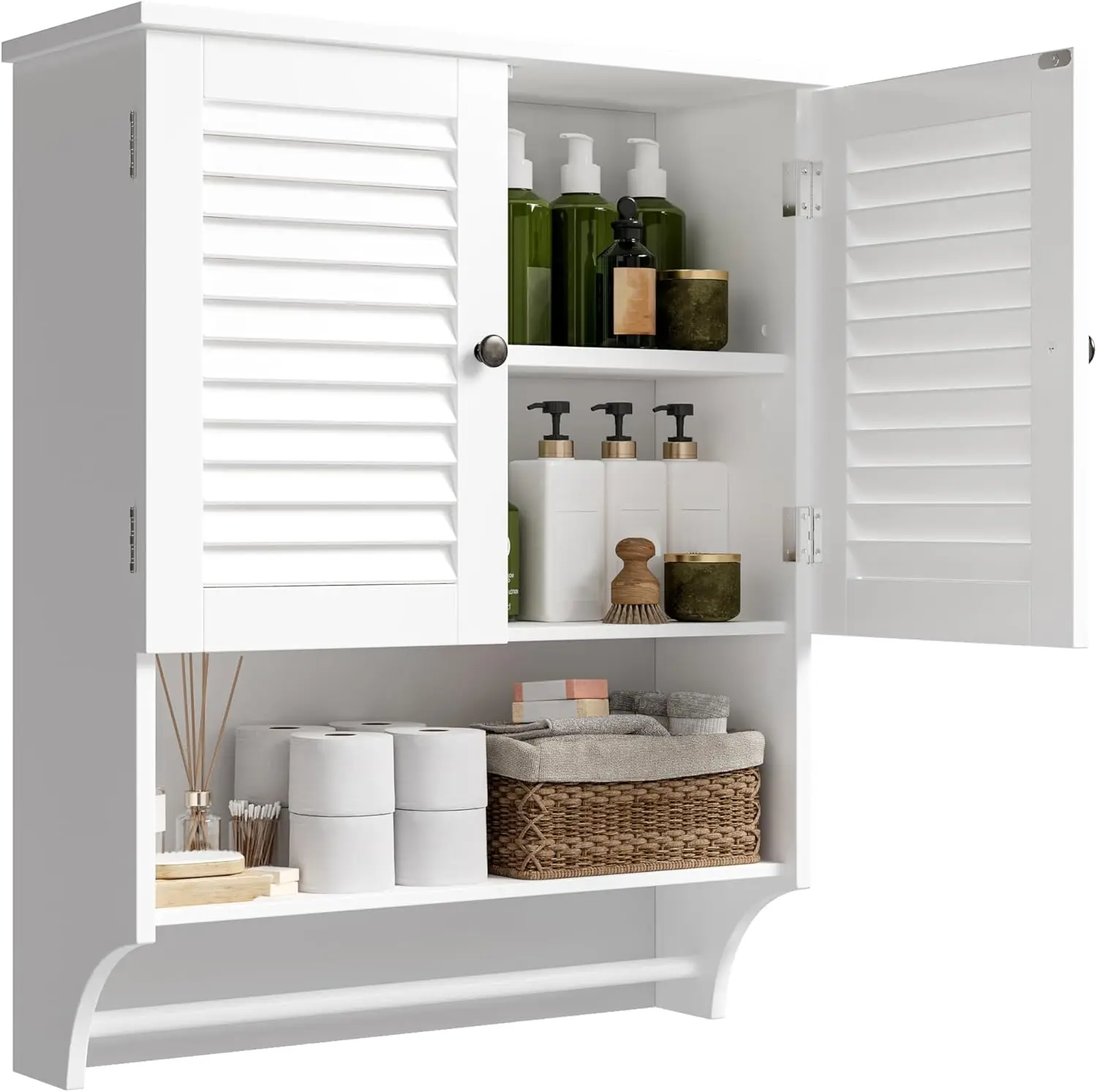 Medicine Cabinet with Towel Bar. 23.6"L x 8.9"W x 29.3"H. MDF Material. Over-Toilet Storage. White.