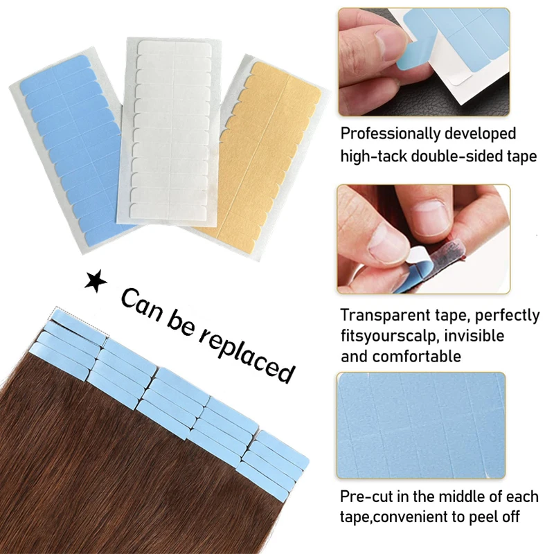 White Hair Extension Tape For Remy Human Hair/Lace Blue Super Hair Tape Adhesive Double Side Extension Tools 60Tabs