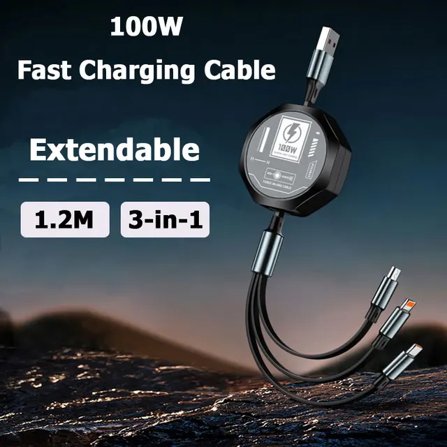 100w 3-in-1 Fast Charging Cable Type C Micro USB Cord for iPhone Xiaomi Samsung Huawei Phone Charger Wire Extendable Line Tablet 1