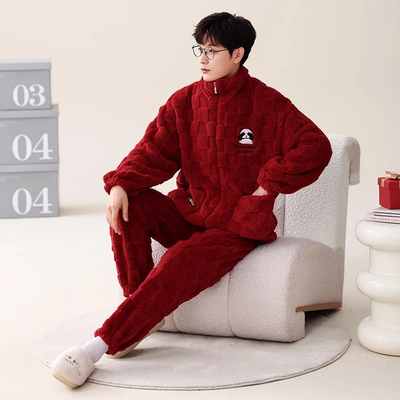 2023 Winter Long Sleeve Thick Warm Flannel Pajama Sets for Men Coral Velvet Cute Cartoon Sleepwear Suit Pyjamas Homewear Clothes