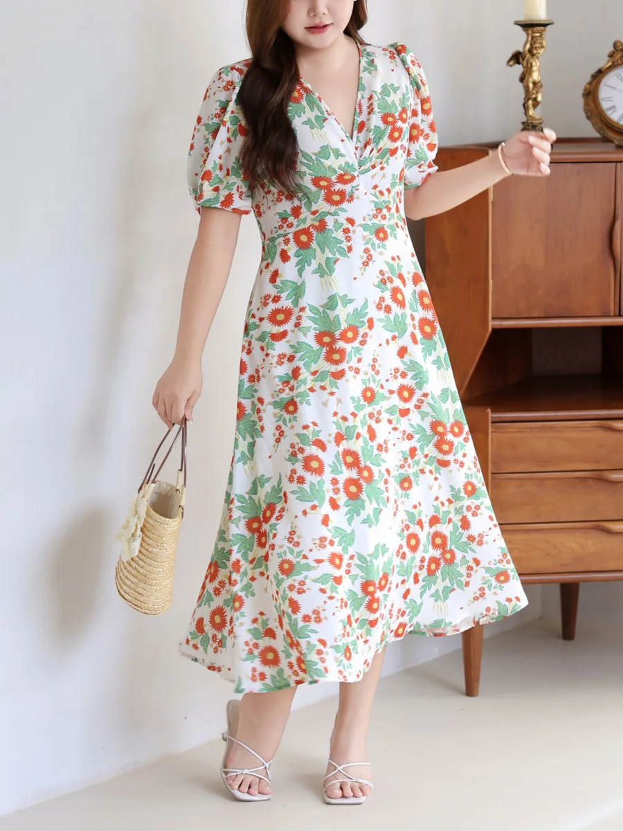 V-Neck Cinched Waist A-Line MIDI Dress Plus Size Women Summer Premium French Vacation Orange Green Floral Printed Dress