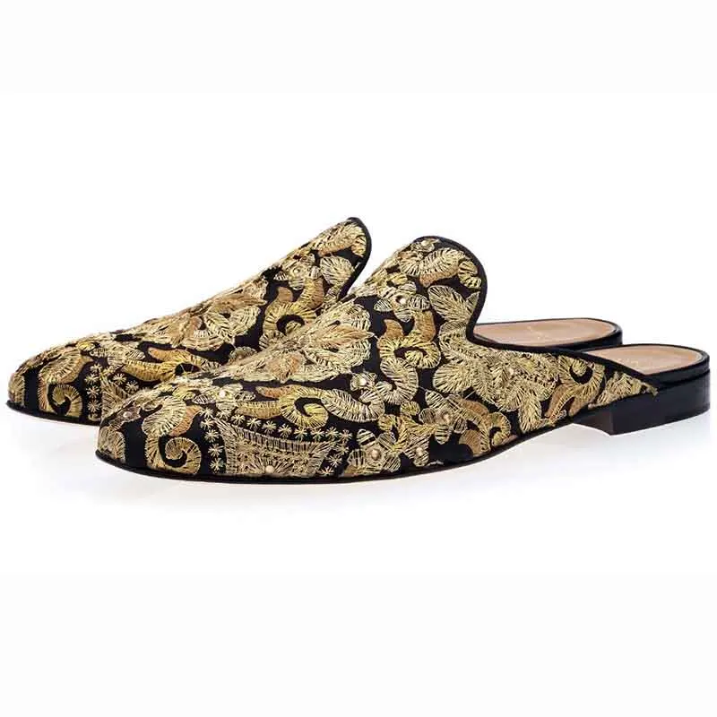 

Printed Fabric Material Men Mules Banquet Party Slip On Outside Slipper Patent Leather Breathable Office Shoes Plus Size 40-48