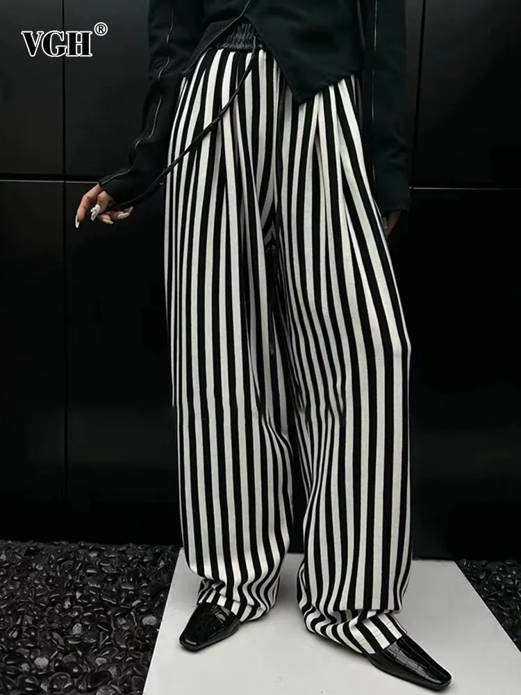 

VGH hit color striped printing casual trousers for women high waist patchwork drawstring minimalist loose wide leg pants female