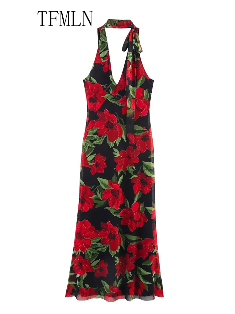 TFMLN Fashion Women Floral Print Tulle Dress 2025 Summer Sexy Halter Backless Slim Sleeveless Party Dress Chic Causal Thin Dress