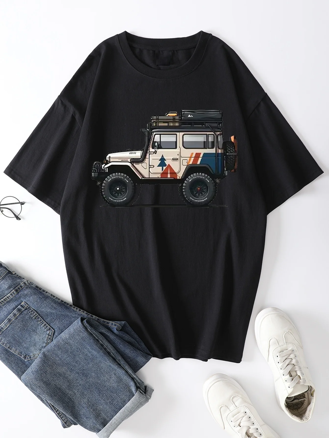 Cooles Herren-T-Shirt aus Baumwolle mit SUV-Aufdruck, lässig, kurzärmelig, bequem, Rundhalsausschnitt, Sommer-Sport-T-Shirt