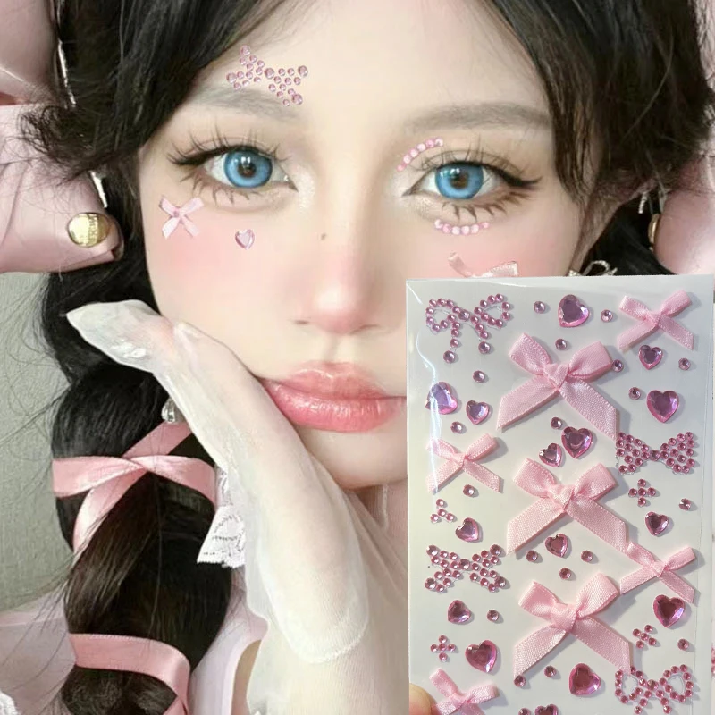 1 Stück rosa und rote Schleife glitzernde Stereo-Edelstein-Aufkleber Make-up Weihnachten Urlaub Party Y2K Musik Festival DIY Augen Gesicht Juwelen Aufkleber* – Detail 6