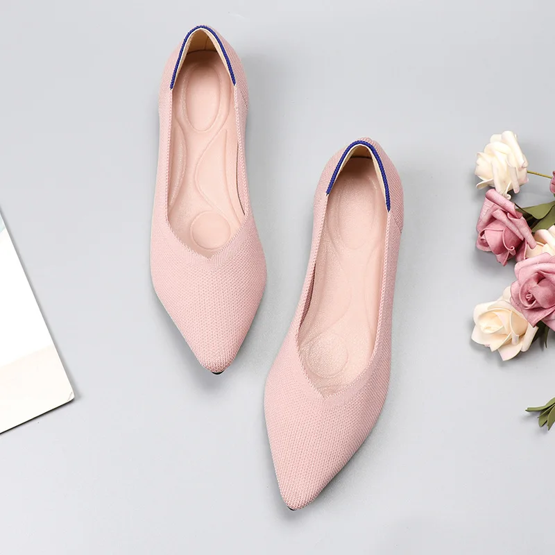 Breathable Polyester Shoes Women Spring Flats Pointy Toe Ballerinas Ladies Stretch Knitted Loafers Daily Dress Comfortable