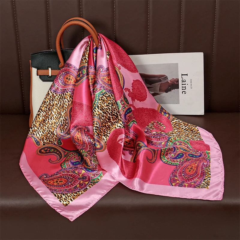 Luxus Marke Böhmen Druck Platz Silk Schal für Frauen Hijab Haar Bands 90 cm Halstuch Weibliche Satin Schal Bandana Stirnband – Detail 8