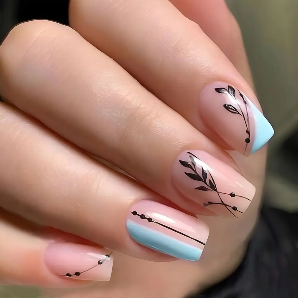 

24pcs Long Square False Nails French Gradient Leaves Black Love Heart Fake Nail Full Cover Press on Nail Nail Tips Manicure Tool
