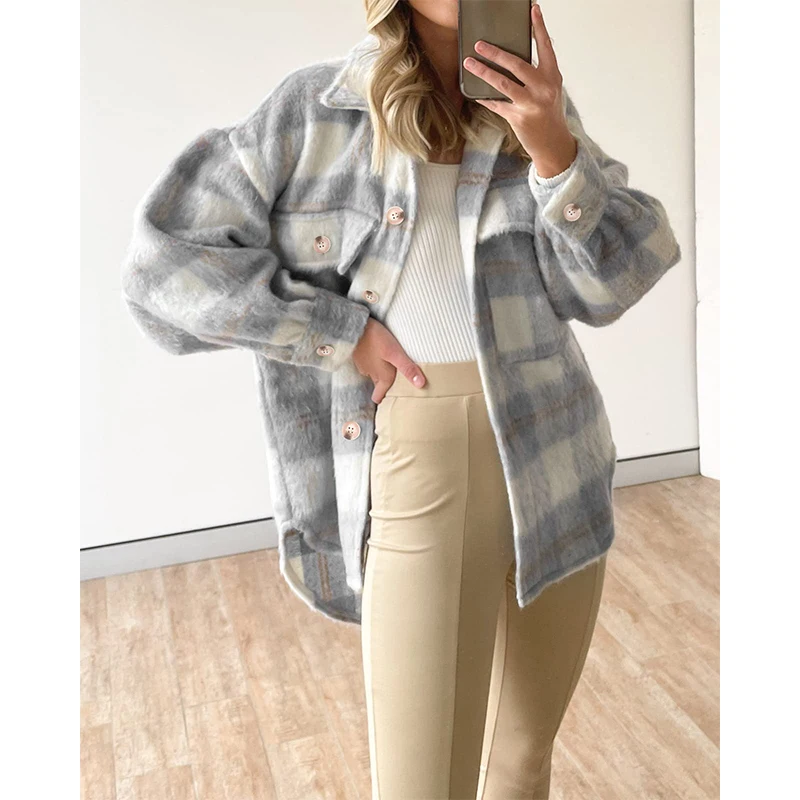 Autumn Winter Vintage Plaid Printed Casual Coat Ladies Thick Loose All-match Outwear Women's Streetwear Buttons Cardigans Top