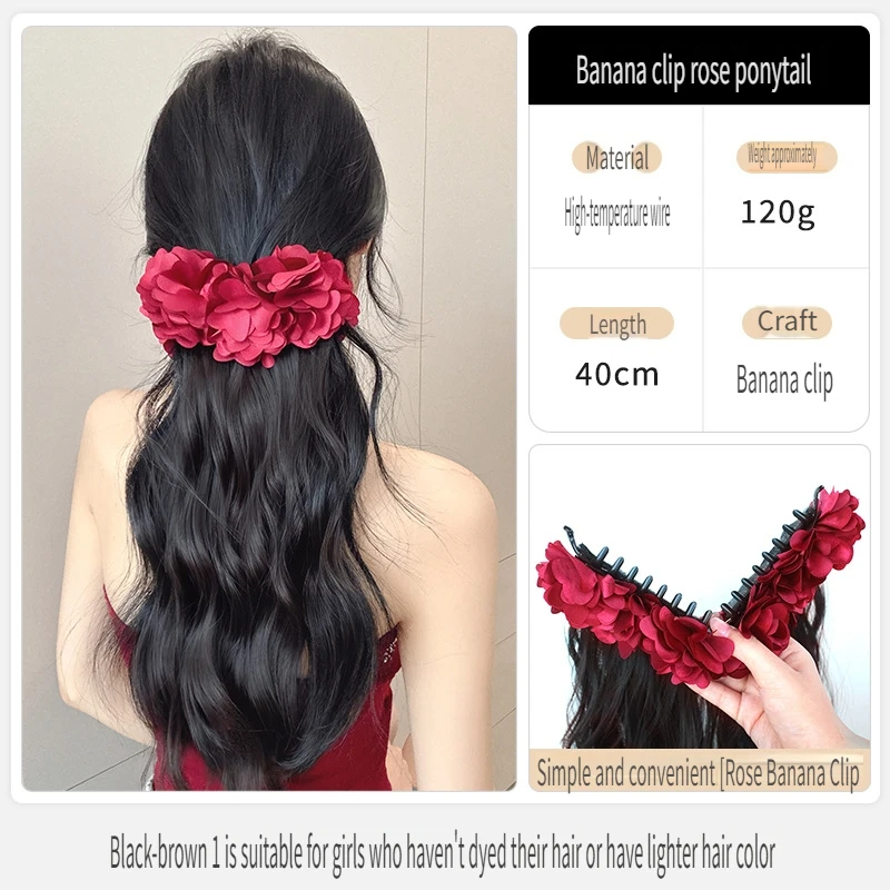 18Inch Water Wave Synthetic Claw Clip Ponytail Hair Extension With Red Flower Banana Clip Layered Ponytail for Women Daily Use