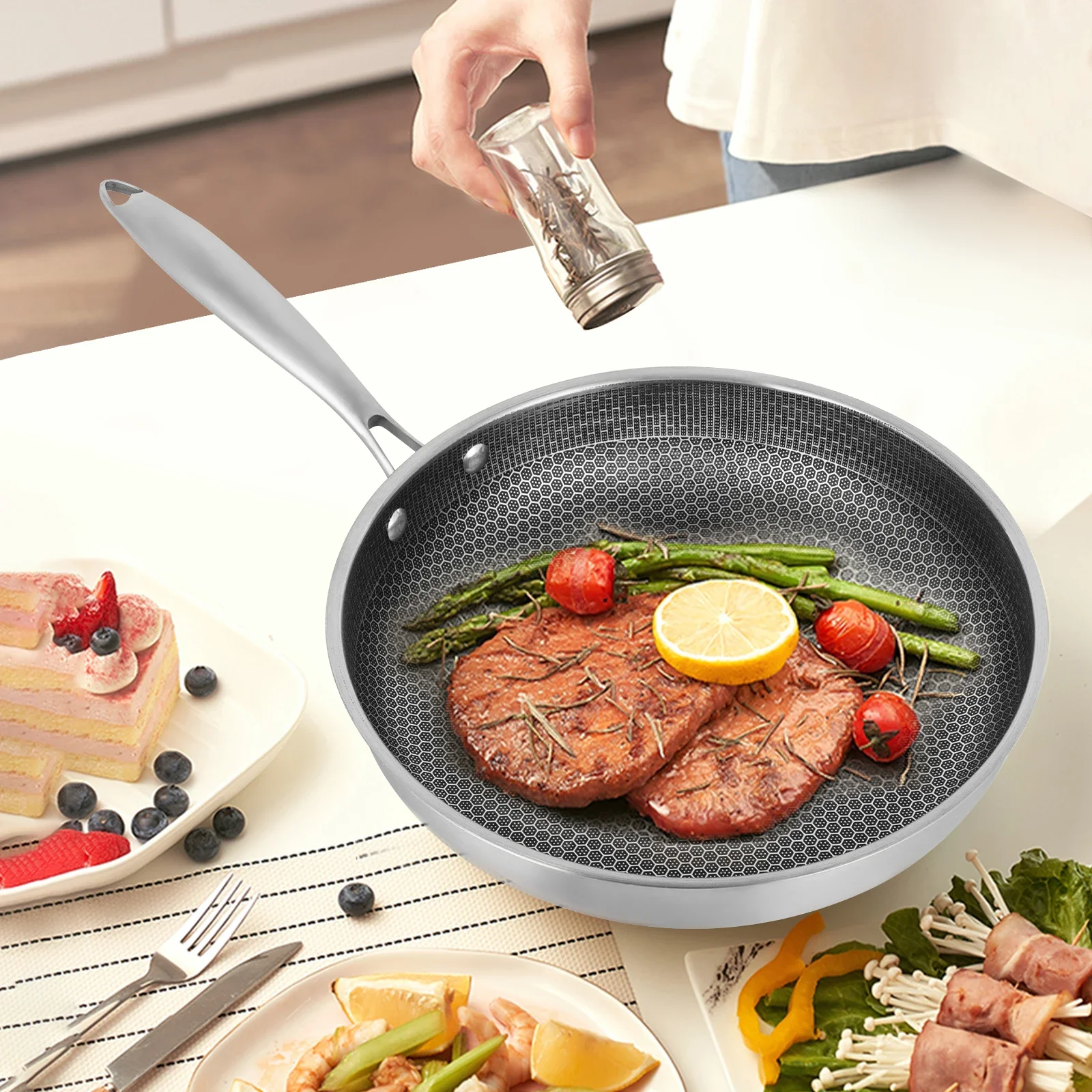 Non-Stick Stainless Steel Frying Pan with Scratch-Resistant & Non-Stick Honeycom, Steak Pan, Chinese Wok Pan, Paw Free(32 cm)