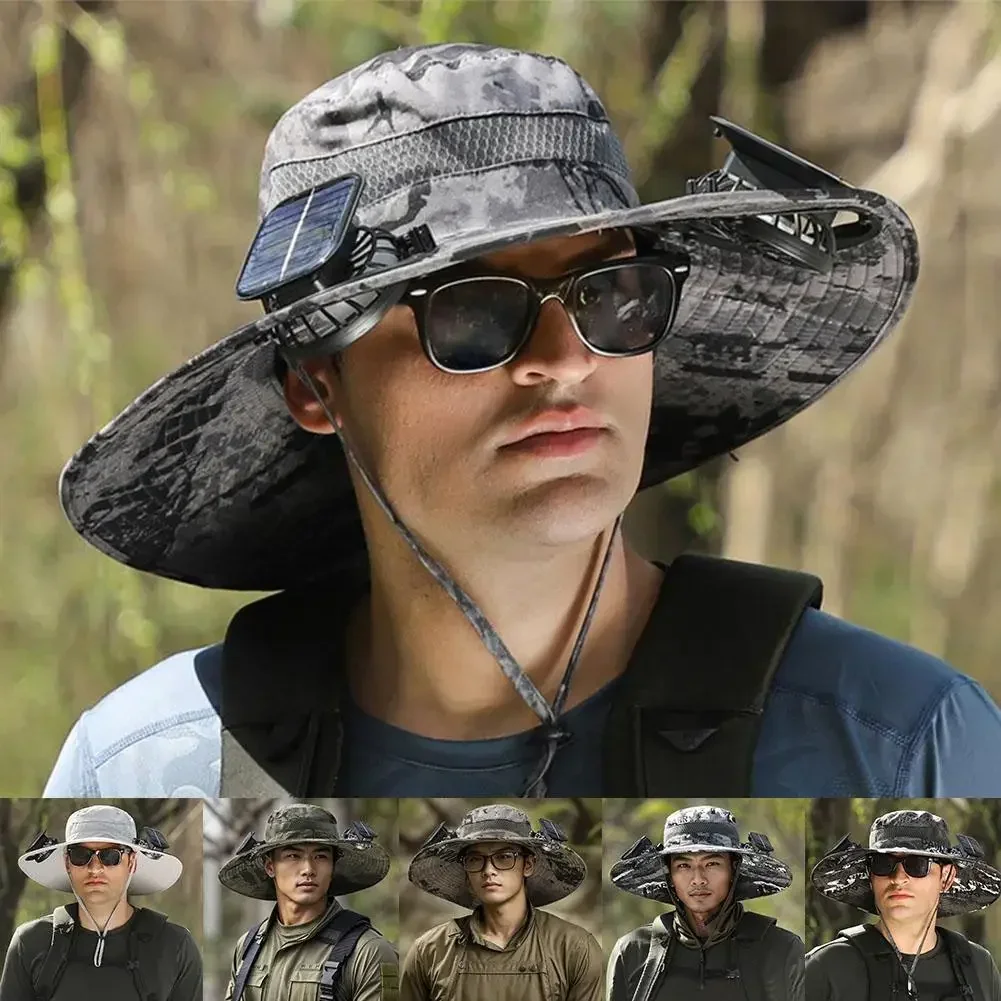 Sun Hat Men Fashion Wide Brim Solar Fan Hat UPF50+ Sun Protection with Dual Power Solar USB Adjustable Outdoor Beach Fishing Hat