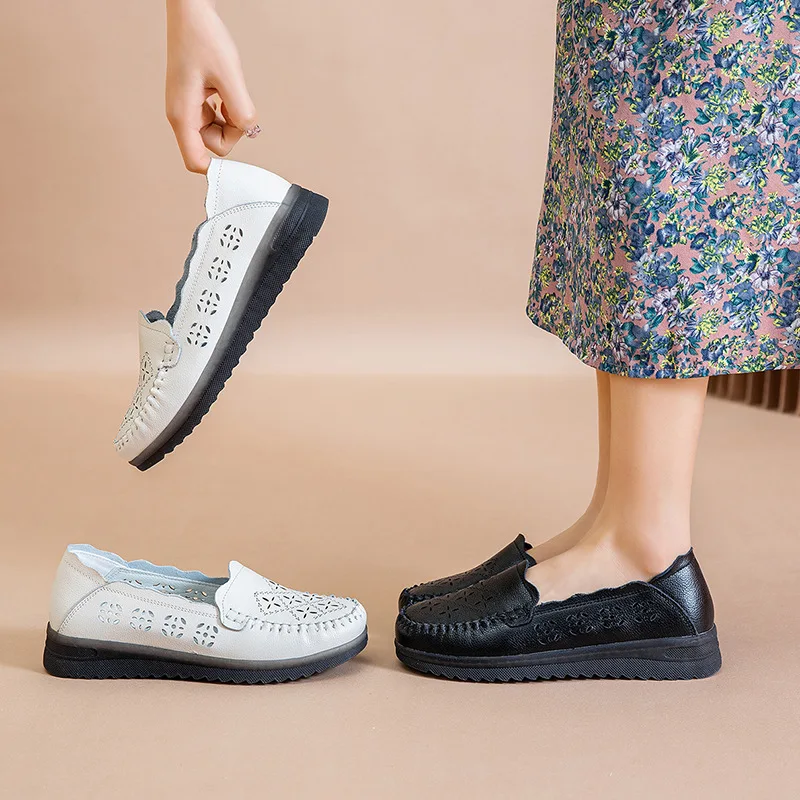 Genuine Leather Ladies Breathable Summer Casual Shoes Women Flats Slip-On Loafers Round Toe Soft Flat Shoes Women's Nurse Shoes
