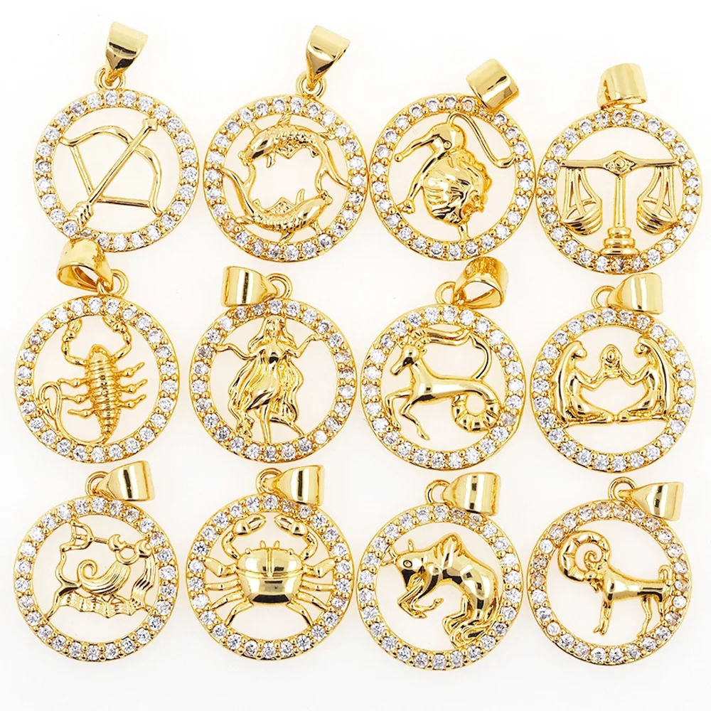 New Twelve Constellation Pendant Necklace CZ Gold Plated Charm Zodiac Metal Astrology DIY Keychain Jewelry Accessories For Women 6