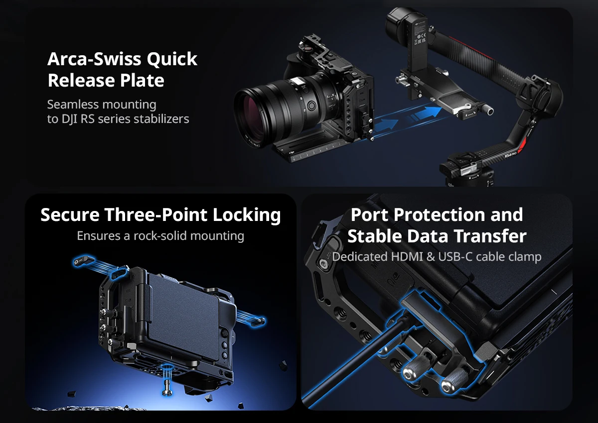 ZR Camera Cage for Nikon ZR, w Cable Clamp Silicone Handle Built-in Arca-Swiss Q