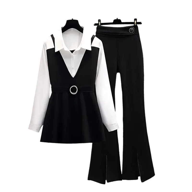 

Женский темпераментный профессиональный комплект большого размера, новинка весны 2024, рубашка для похудения, микро брюки клеш