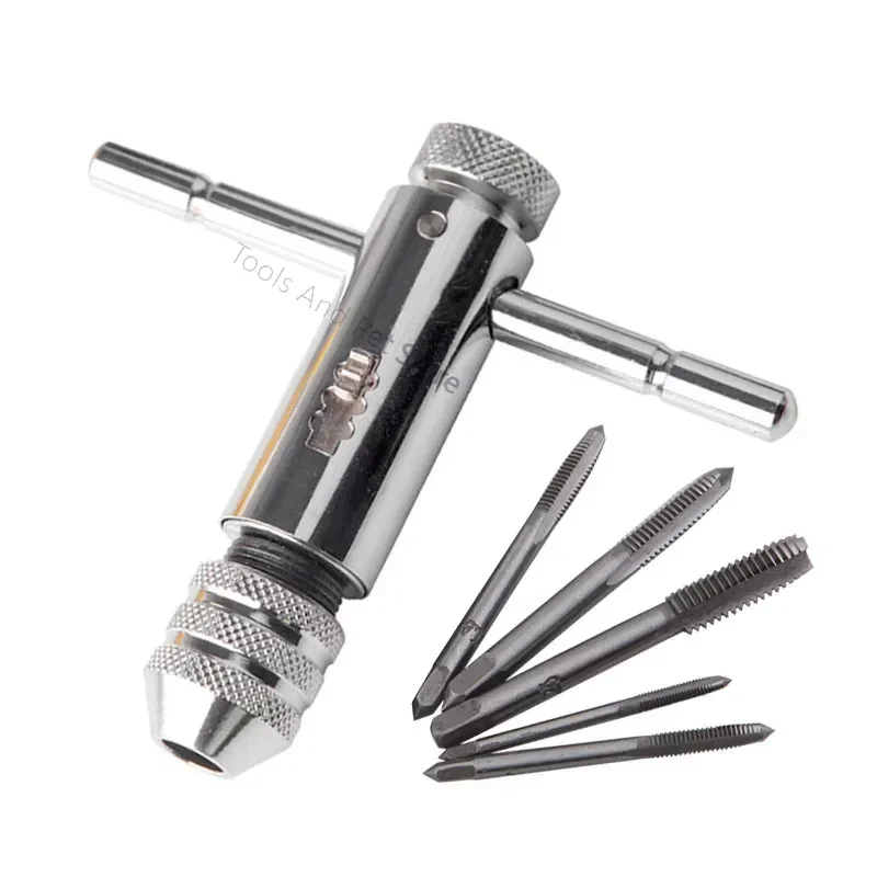 

Adjustable Silver T-Handle Ratchet Tap Holder Wrench Set Hand Tools with 5pc M3-M8 Machine Screw Thread Metric Plug T-shaped Tap