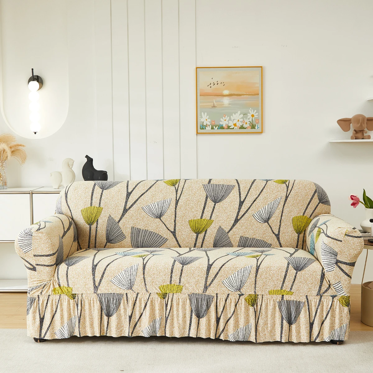 1pc Printed Skirt Sofa Cover, elastic, anti-slip. Simple, modern, all-season, dust & cat-proof. Retractable, washable, durable.