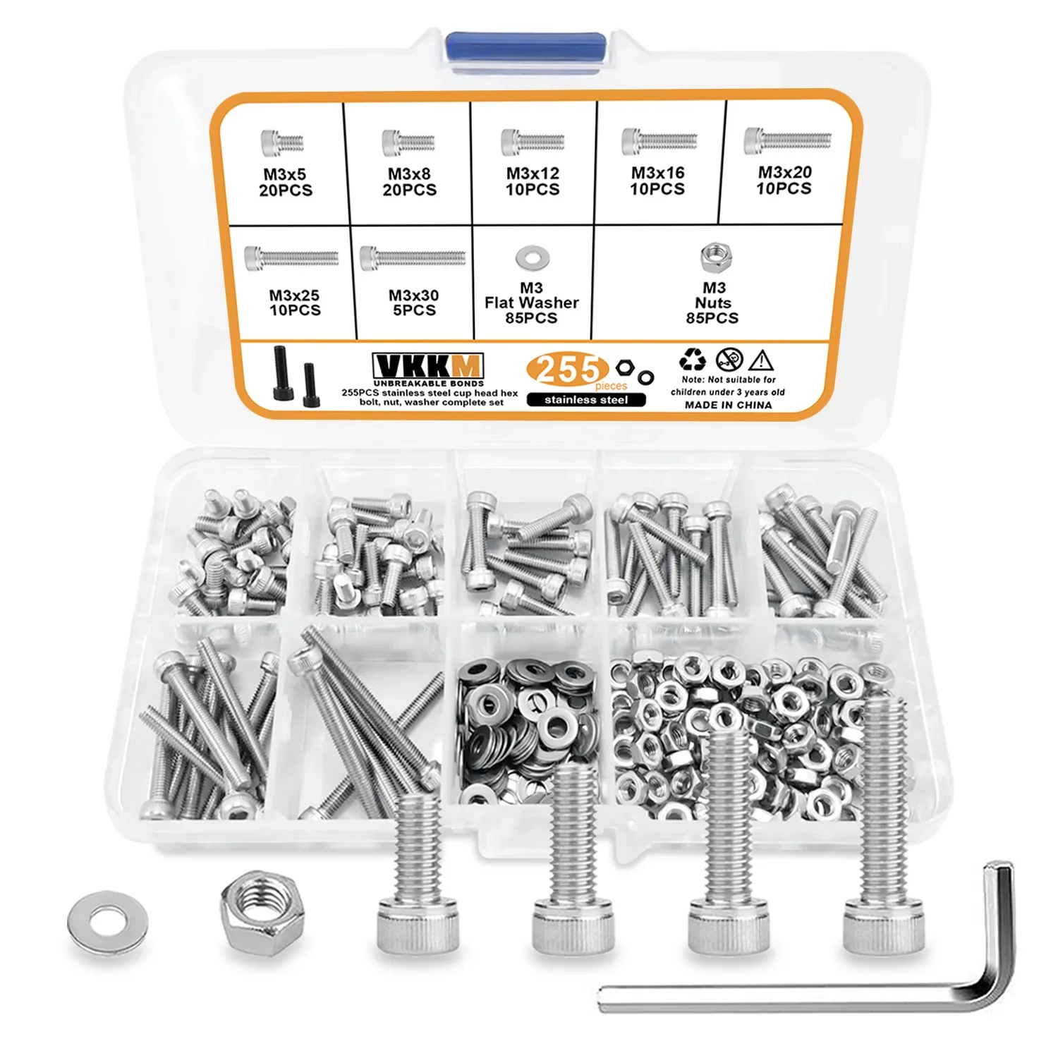 Description Picture 2 of item255Pcs M3 Stainless Steel Internal Hexagon Screws, M3x5/8/12/16/20/25/30mm Cup Head Internal Hexagon Screw Washer Nut Set