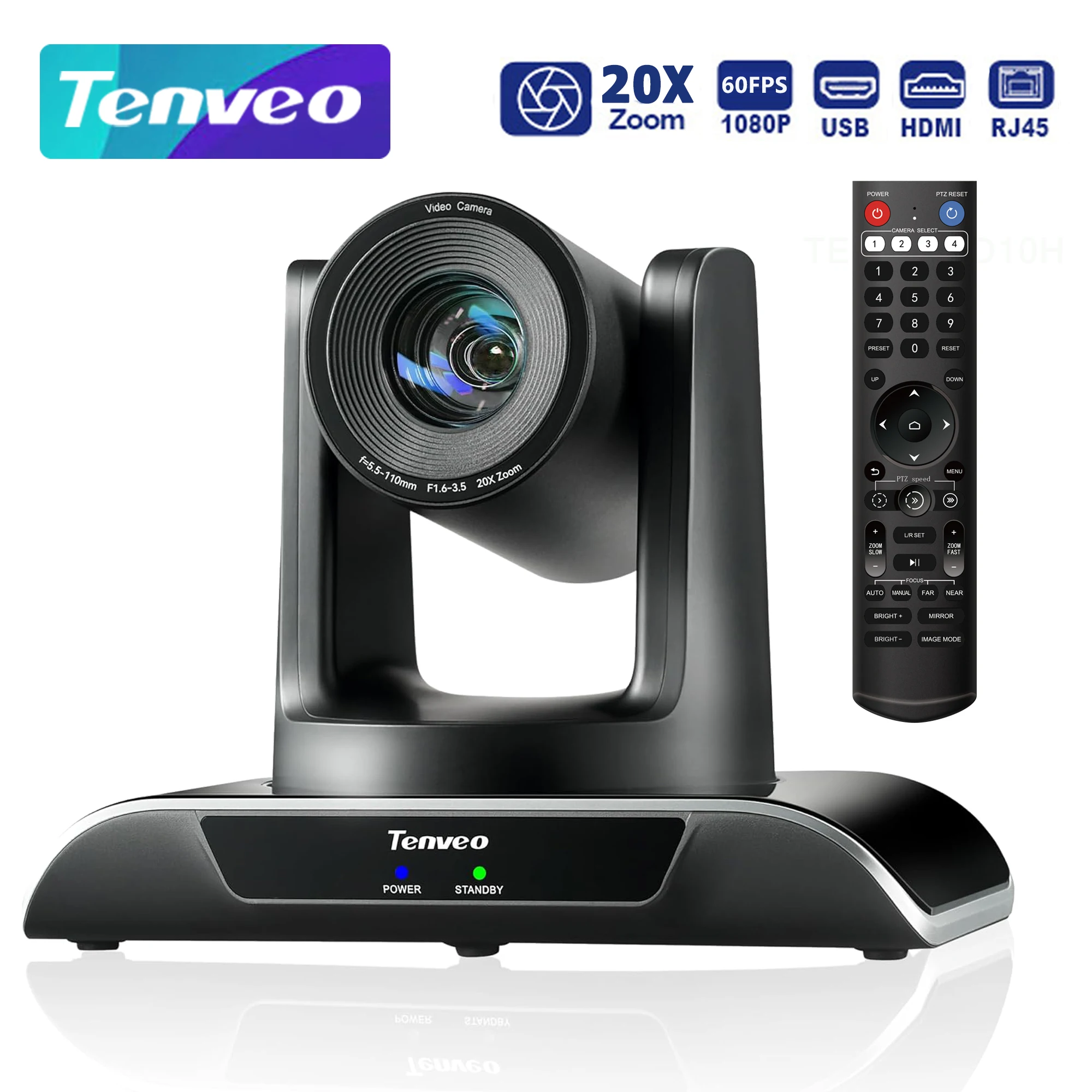 Tenveo PTZ Camera VHD20H 20X Optical Zoom 1080P@60FPS USB with HDMI IP Video Conference Camera Work with OBS Zoom Teams vMix
