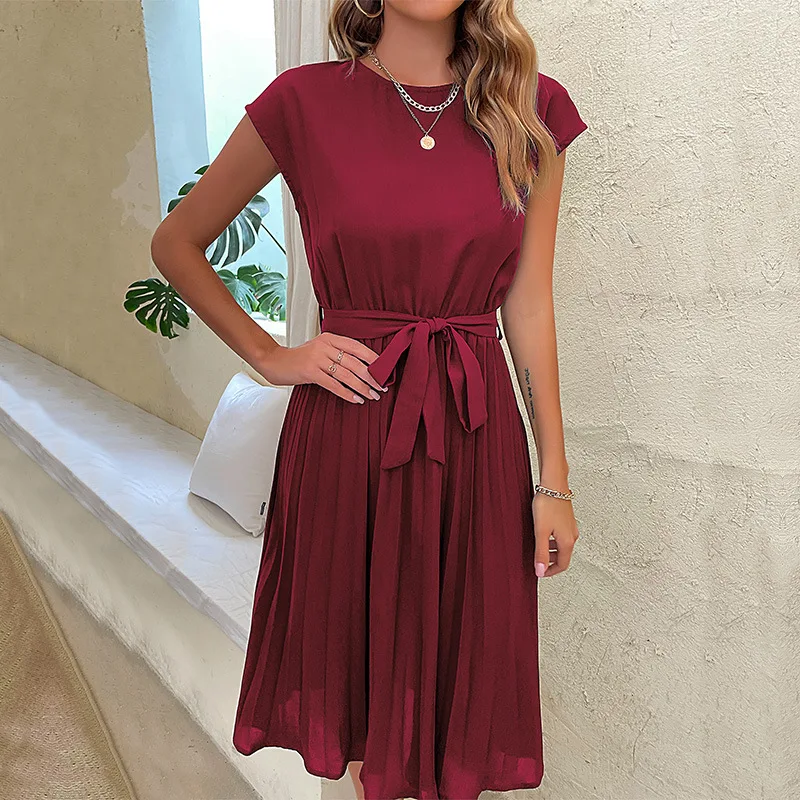 

Women's Summer Vacation Lace Up Pleated Dress Solid Color Round Neck Commuter Skirts Short Sleeve Casual Large Hem Dress