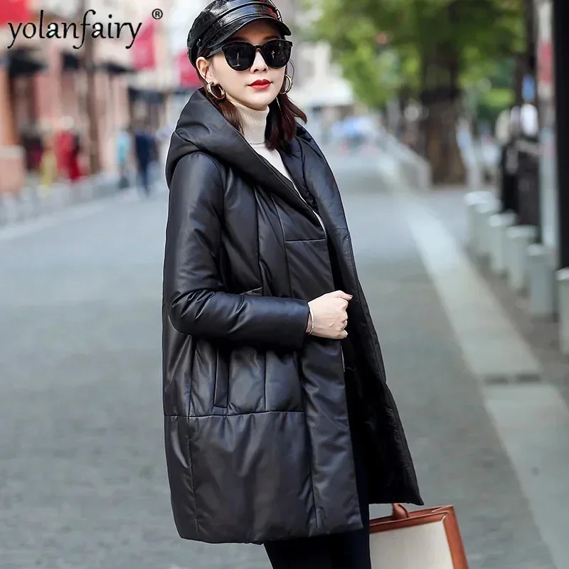 

New Winter Genuine Leather Down Coat Women's Mid Long Sheepskin Coats Women Hooded Jacket Casual Korean Style FCY5190