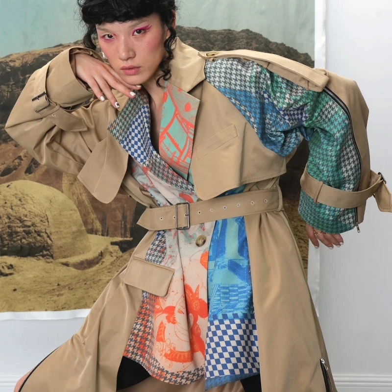 

Women Trench Coat Asymmetry Hem Long Print Coat Long Sleeve Single Breasted Women Windbreaker Woman Tops Autumn Winter