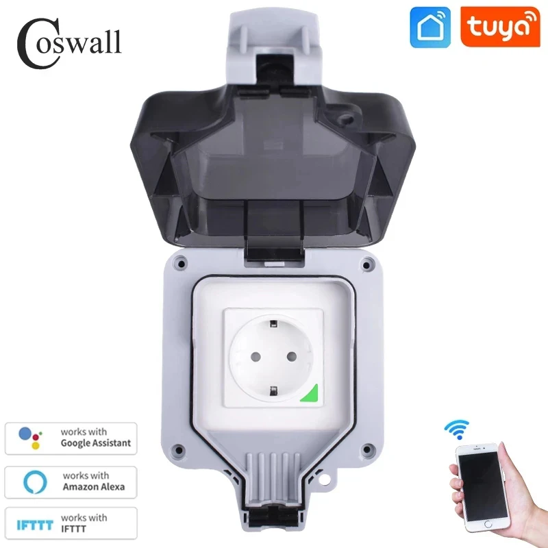 Coswall-interruptor Inteligente com Temporizador Programável Funciona com Alexa e Google Home Controle de Voz Ip66 à Prova Dágua