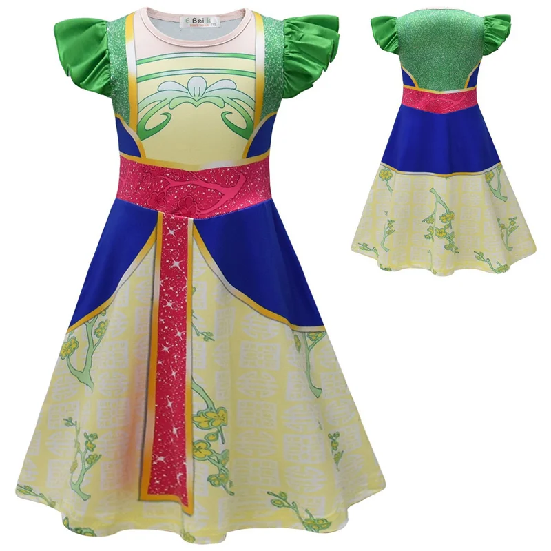 Fashion Mulan Princess Cosplay Dress Children Kids Flying Sleeve Party Dress Baby Girls Vestidos Costume Casual 2-9Y