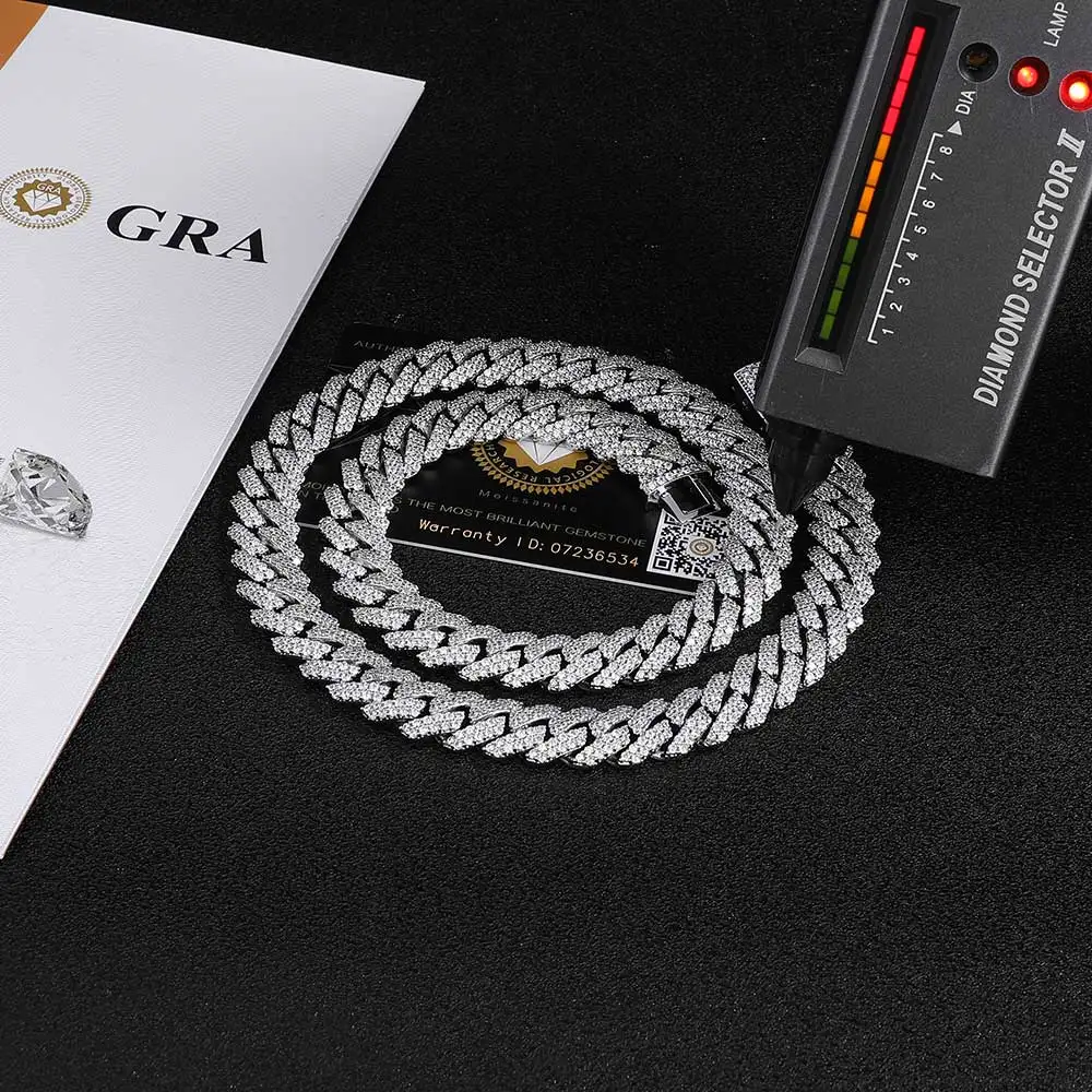 Hip Hop Jewelry VVS Certificate Double Row Iced 12MM S925 Sterling Silver Necklace Moissanite Diamond Miami Cuban Link Chain