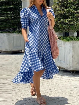 VONDA Asymmetrical Dress Women 2025 Vintage Plaid Dress Bohemian Printing Vestidos Cotton Sundress Casual Puff sleeve Robe 1