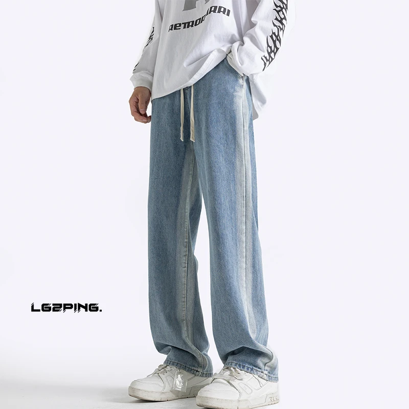 Men's Casual Long Jeans Drawstring Elastic Waist Straight Denim Wide Leg Pants Light Blue Black