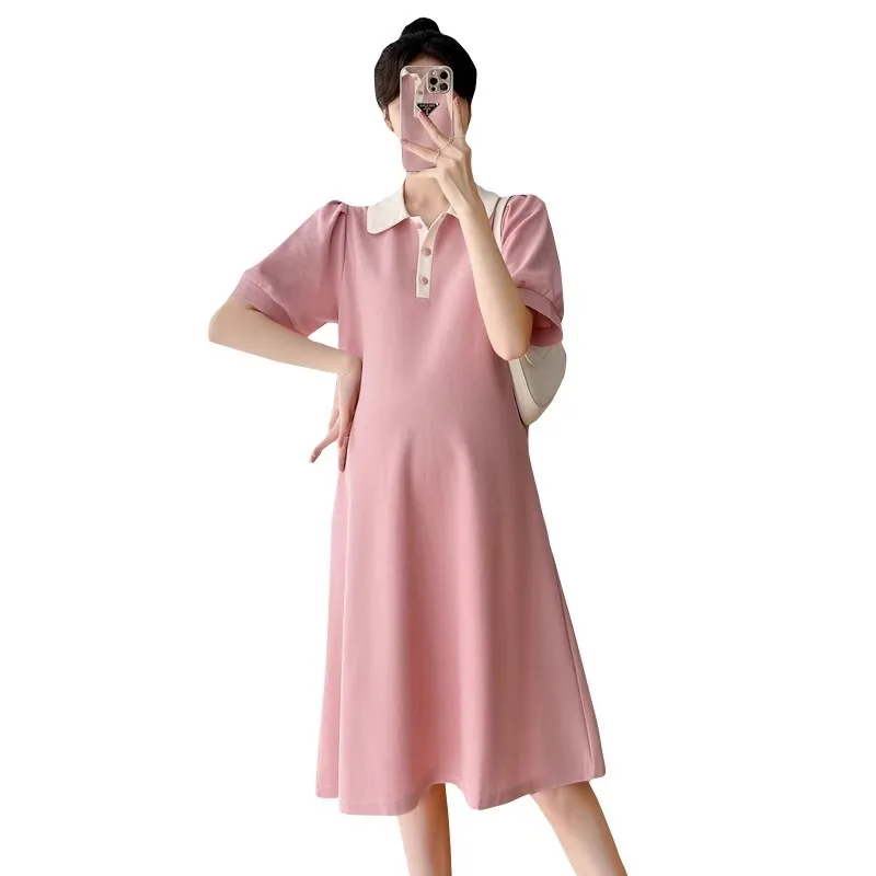 Maternity Summer New Color Collision Polp Collar Loose Thin Short-Sleeved Mid-Length Summer Dresses Maternity Summer Dresses 5 Maternity Summer New Color Collision Polp Collar Loose Thin Short-Sleeved Mid-Length Summer Dresses Maternity Summer Dresses - Image 5