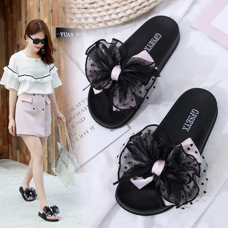 

Summer Cute Bowtie Decorate Non-Slip Sandals Slipper Flats Mules Casual Fashion Female Beach Flip Flops Mesh Beach Slides 43 44