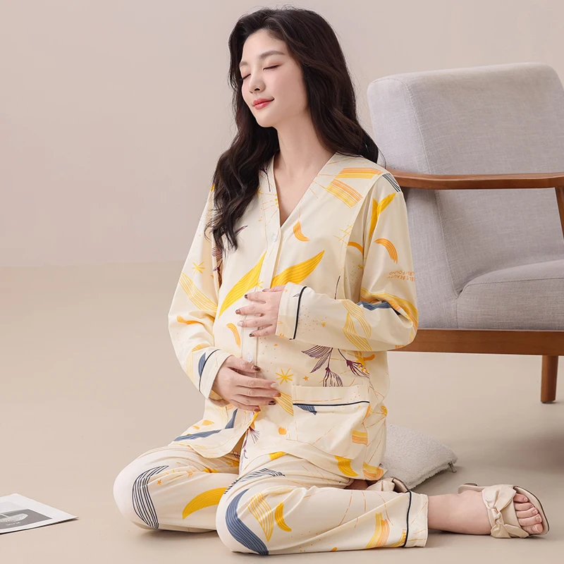 Spring Postpartum Woman Lactation Clothes Set Pajamas Nursing