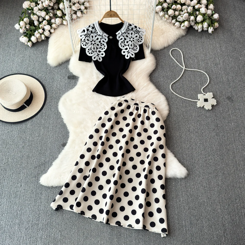 

Женский комплект из двух предметов, футболка с коротким рукавом и шифоновое платье в горошек, комплект из двух предметов с юбкой, лето 2024