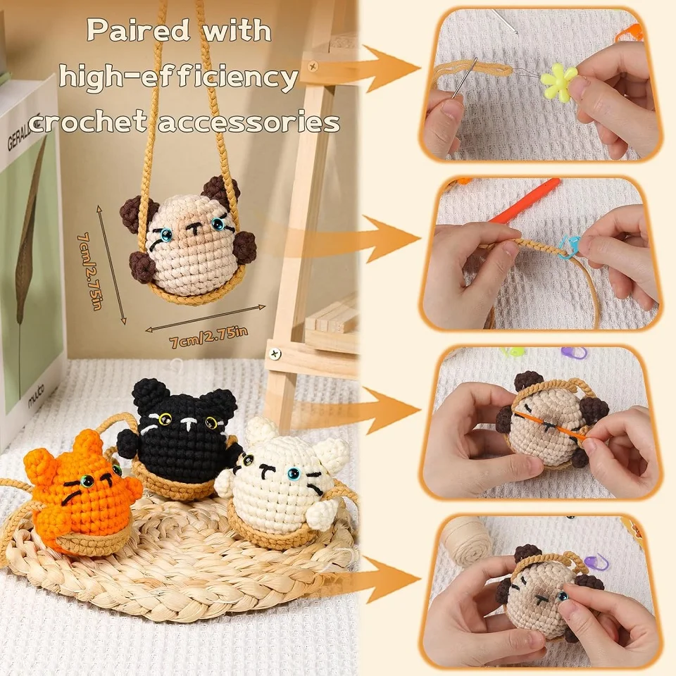 KRABALL Cute Cat Crochet Knitting Kit With Cotton Yarn Thread And Instruction For Beginners DIY Handmade Craft Accessories Set