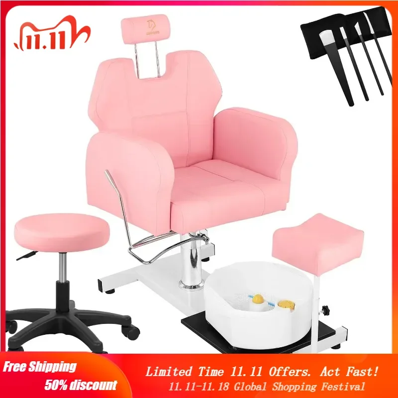 Reclining Pedicure Chair Station, Rotation Hydraulic Adjustable Spa Pedicure Chair No Plumbing Unit Station with Foot Basin Pink