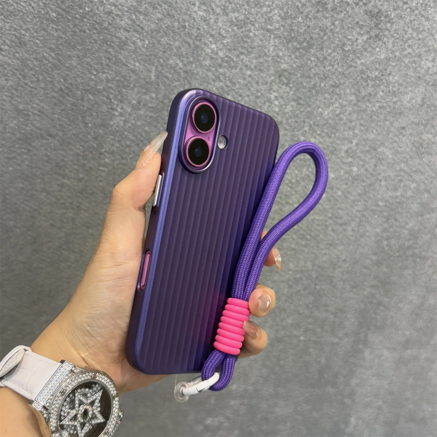 Luxury Titanium Gray Lanyard Phone Case with Metal Buttons and Grating Design