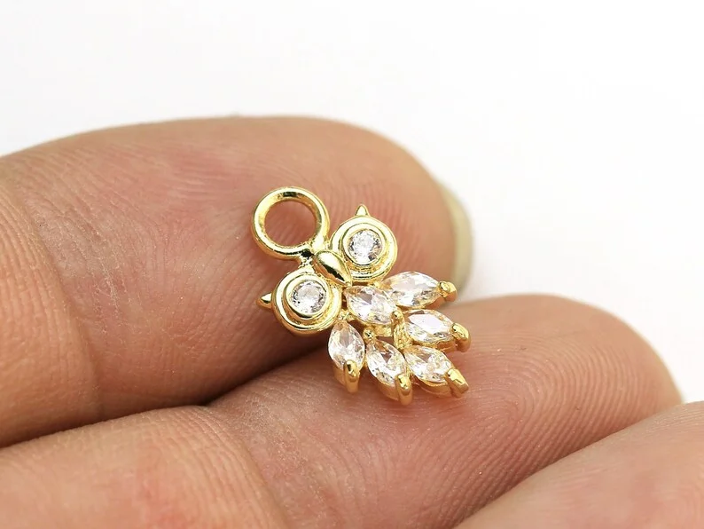 

2pcs CZ Owl Earring Charms, Detachable Dainty Animal Pendant, Real Gold Plated, 16.5x9mm, Jewelry Making - G1009