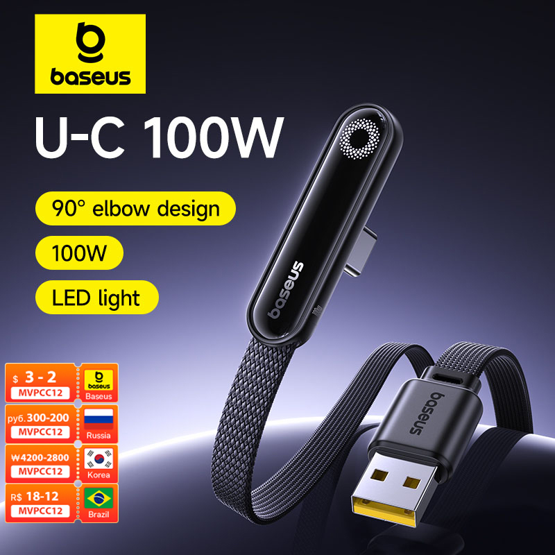 Baseus MVP3 Elbowed 100W USB Cable For Huawei Honor LED USB Cable Type C for Tablet Fast Charging Data Wire