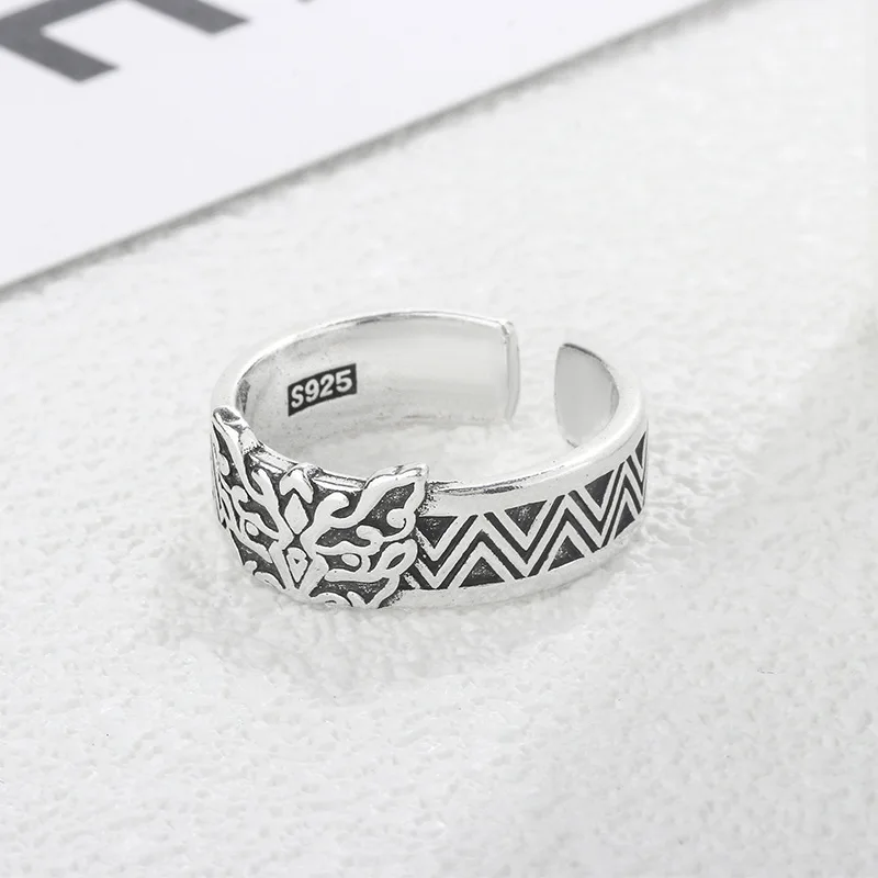 

PANJBJ 925 Sterling Silve Texture Ring for Women Girl Gift Retro Personality Punk Adjustable Versatile Jewelry Dropshipping