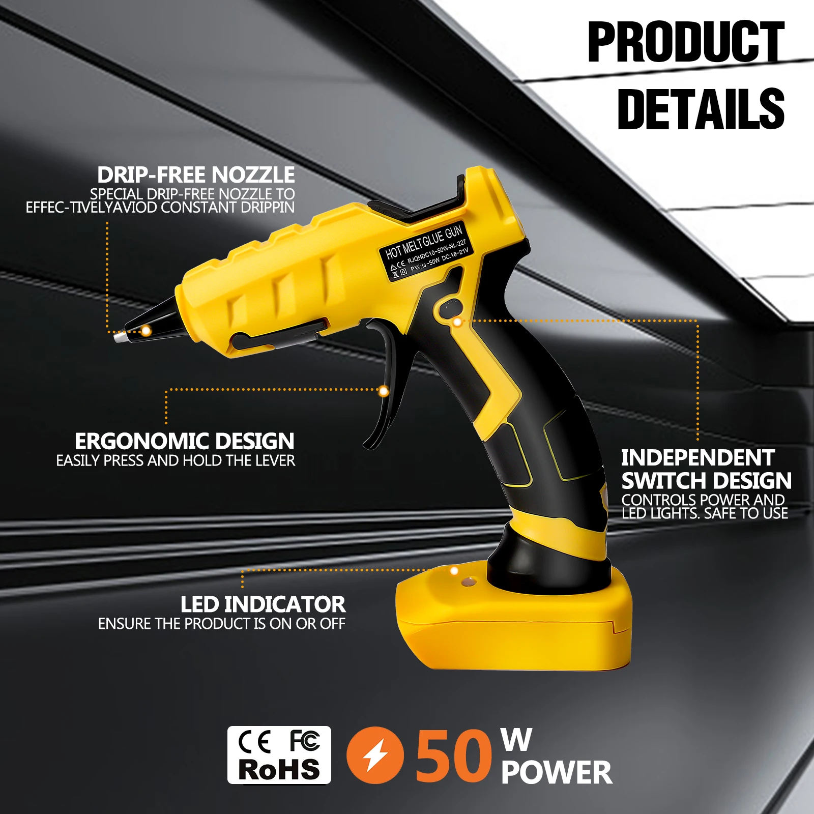 Cordless Hot Melt Glue Gun Heat Temperature Electric Repair Tool with 30Pcs 7mm Glue Sticks for Dewalt 20V Battery (No Battery)