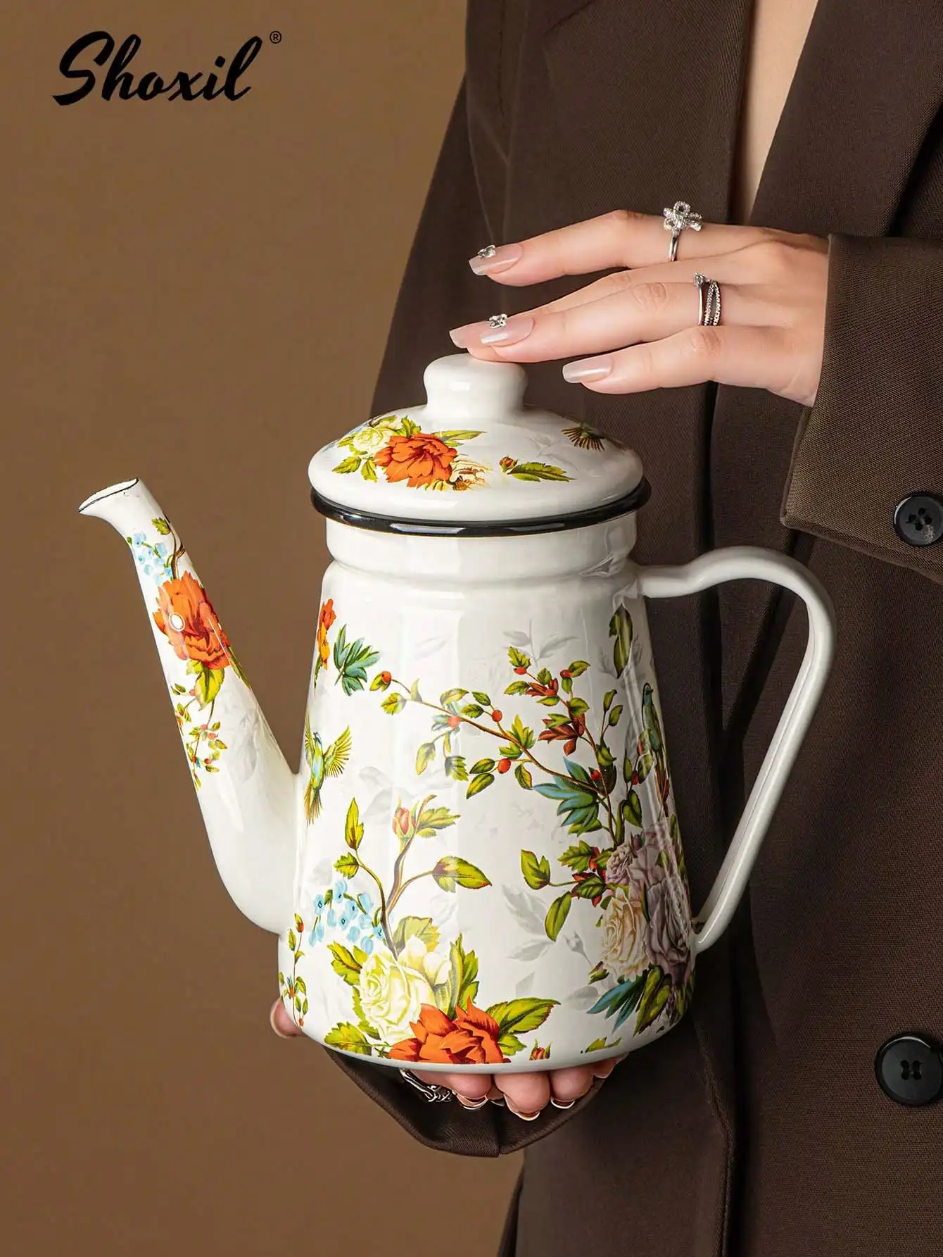 Shoxil 1pc Vintage Enamel 1.2L Coffee ot, Handpour Kettle, Household Tea, Cold Water, Oil, Retro Restaurant Tea & C
